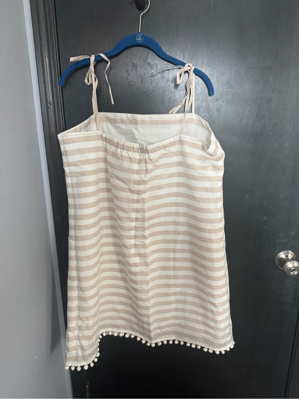 NWT Striped Beige & White Spaghetti Strap Dress with Pom Trim - Picture 6 of 6
